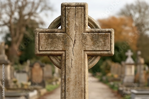 Cracked Celtic cross tombstone in cemetery with moody atmosphere