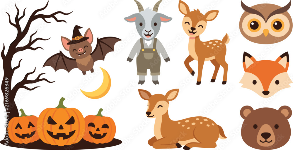 Fototapeta premium Cute Halloween Cartoon Animal and Spooky Autumn Vector Element Set Featuring Pumpkins Bat Deer Goat and Owl Icons for Kids Holiday Greeting Designs