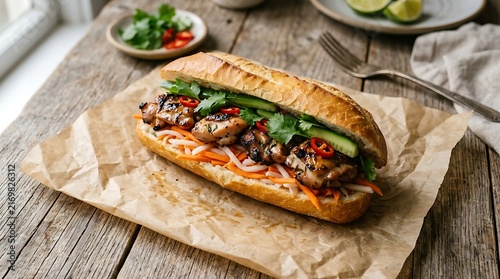 Fresh chicken sandwich with vegetables and pickles on a rustic wooden table. chicken banh mi sandwich thigh