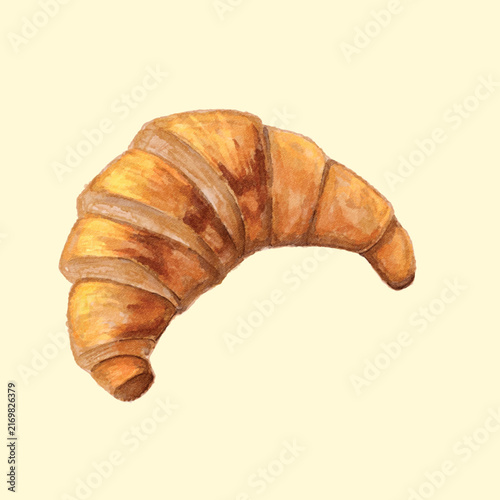 Watercolor croissant with golden flaky layers and curved pastry shape for bakery branding, food packaging, menus, stickers, recipe cards and café illustrations.
