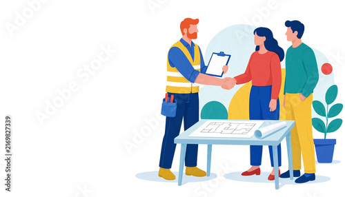 Construction worker discusses building plans with a couple beside a drafting table, presented in a clean colorful illustration with ample copy space.