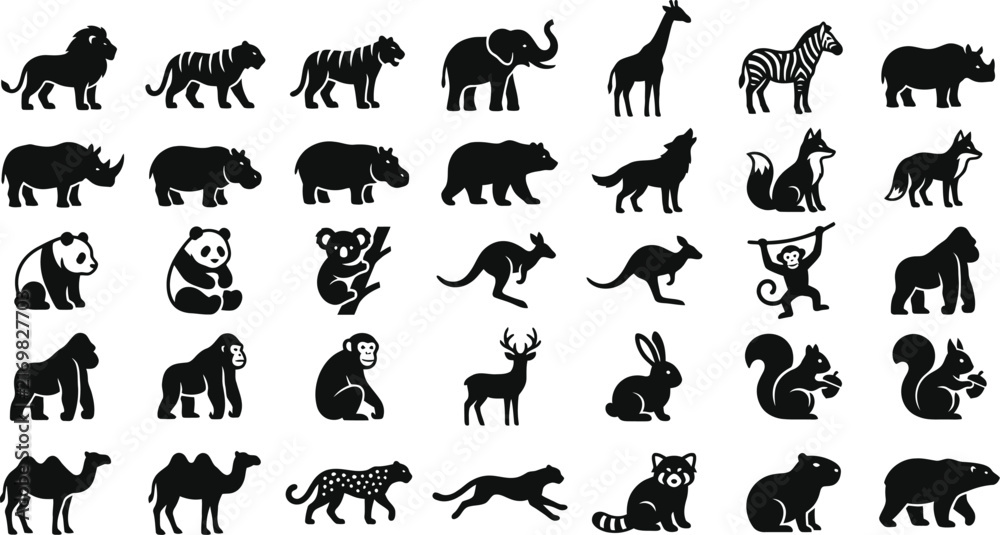 Fototapeta premium Collection of black silhouette animal icons featuring wildlife and mammals
