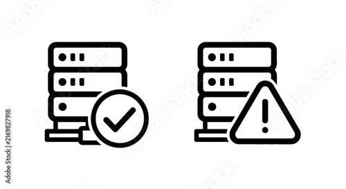 Server status icons showing server health check with checkmark and server error with warning triangle database check system diagnostic server secur
