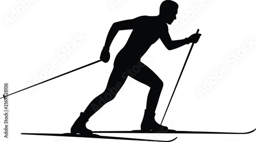 Black silhouette of a cross country skier holding poles and gliding on skis isolated on a white background, for winter sports projects