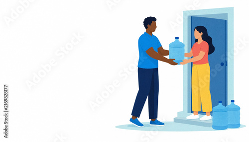 Man delivers a large water container to a woman at her doorway, with additional blue bottles nearby and ample white space for commercial messaging.