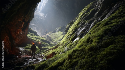 As they explored deeper, footsteps echoed across the damp cave walls. The air turned colder, filled with the smell of moss and ancient stone, while glowing fungi illuminated the dark path ahead.
