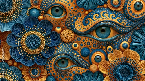 Organic surreal background of melting eyes and blooming flowers merging into a detailed psychedelic pattern with warm amber and cobalt tones.