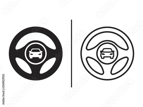 Steering wheel driving control automotive part outline and black fill icon set with steering