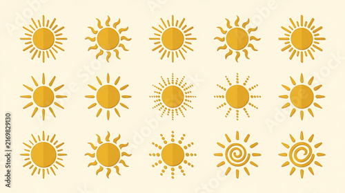 Collection of fifteen diverse golden sun icons representing summer heat radiant sunshine and solar energy elements for graphic design projects