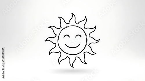 Hand drawn cute smiling sun vector illustration, black line art doodle icon on white background