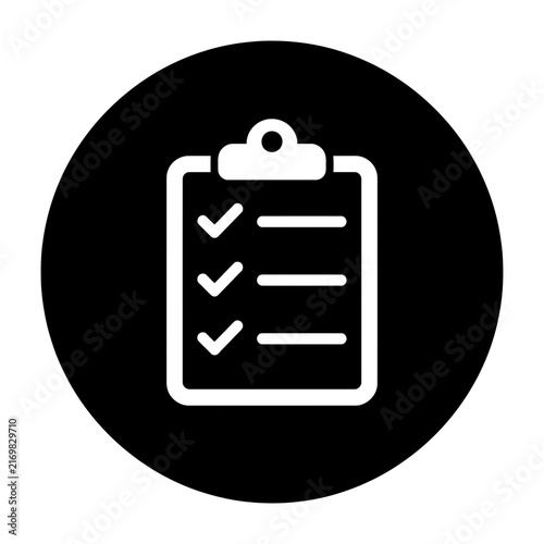 Black icon of clipboard with checklist and checkmarks inside circle