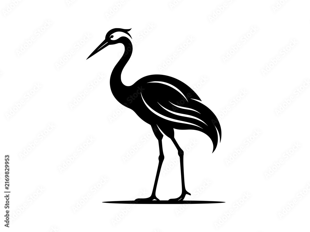Naklejka premium Minimalist crane bird silhouette vector, elegant heron standing profile icon, black stork wildlife logo design on white background