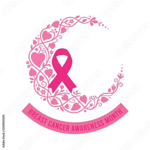 Breast Cancer Awareness Ribbon with Heart Floral Wreath Vector