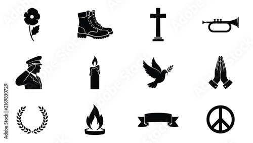Foto Black and white icons representing symbolic elements of remembrance peace with a
