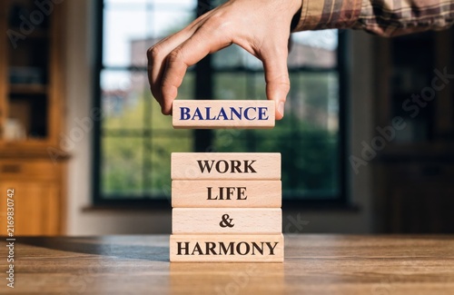 Wooden Blocks Balance Work Life Harmony Office Concept.
