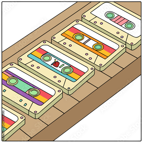 Isometric view of a flat cardboard box with colorful shipping labels and adhesive tape on a wooden surface box illustration packaging box design carton box graphic box artwork