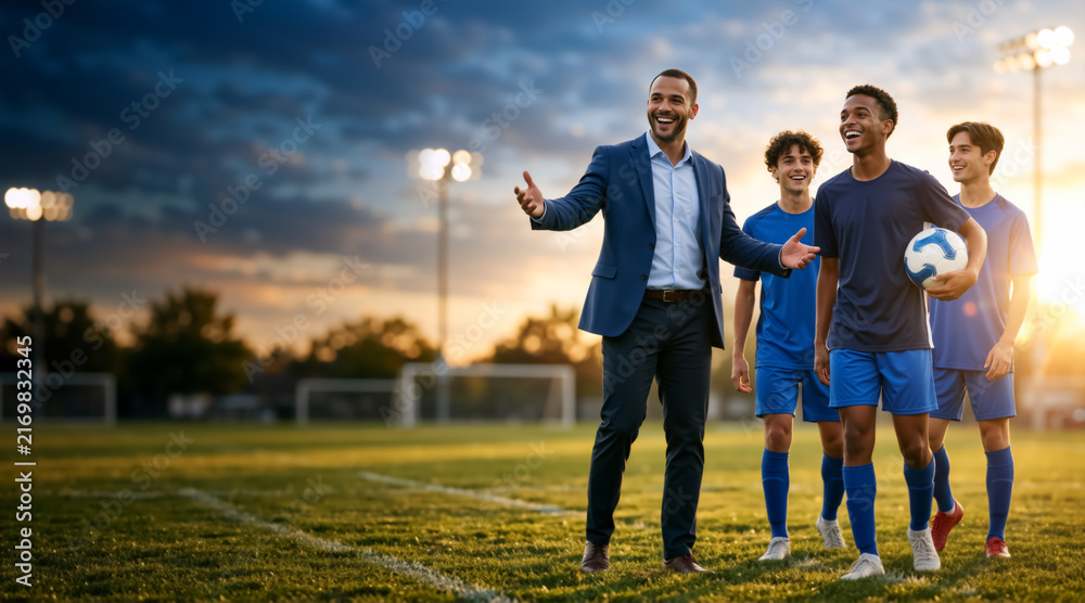 Fototapeta premium Smiling soccer coach talking to young players on the field at sunset. Sports teamwork and leadership concept