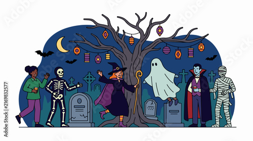 Halloween Party with Costumed Characters in Graveyard