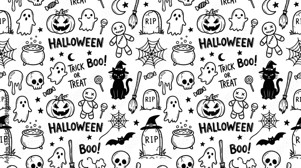 Obraz premium Black and white halloween seamless pattern with ghosts with Seamless vector illustration with background, tombstone