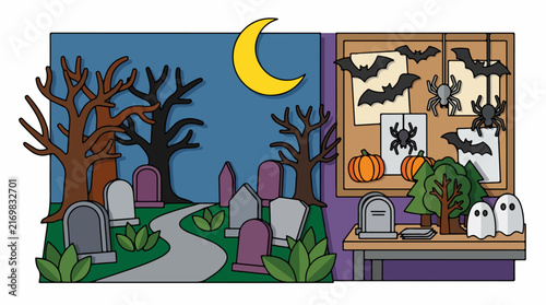 Spooky Halloween Cemetery and Decorations Scene