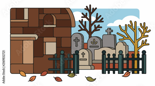 Autumn cemetery with brick wall and tombstones