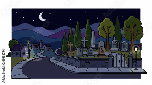 Moonlit Cemetery by Village at Night