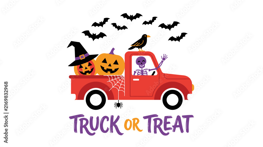 Fototapeta premium Skeleton driving a red truck carrying pumpkins and a witch hat with bats with carrying jack lanterns skeleton drives with illustration