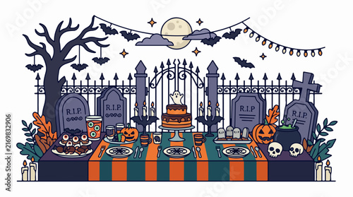 Halloween feast with spooky decorations and treats
