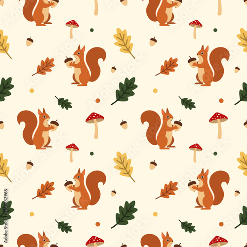 Autumn Squirrel, Acorn and Red Mushroom Seamless Pattern on Cream Background