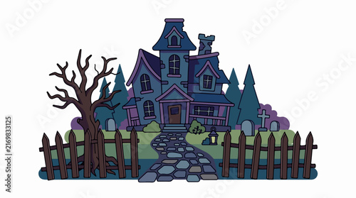 Haunted Victorian Mansion with Graveyard and Fence