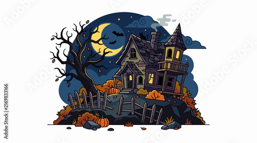 Haunted house under full moon with bats and pumpkins