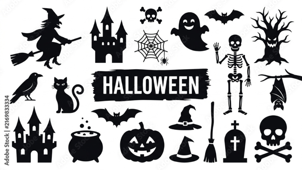 Fototapeta premium Detailed black silhouette icons for halloween party and event decor.