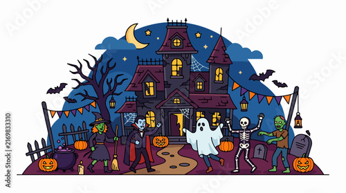 Halloween haunted house with spooky characters and decorations