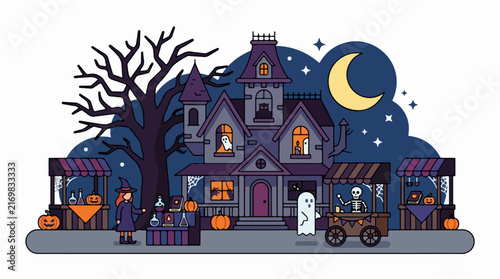 Haunted House Halloween Scene with Witch and Ghosts