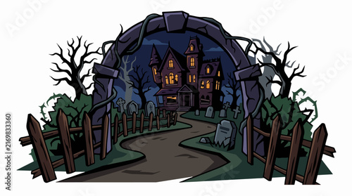 Spooky Haunted Mansion with Graveyard and Trees