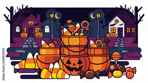 Halloween candy corn and pumpkin buckets scene