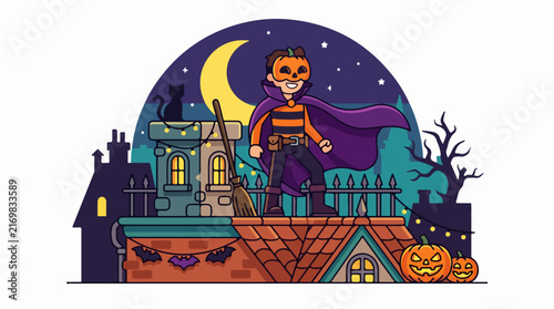 Halloween witch flying on broomstick at night