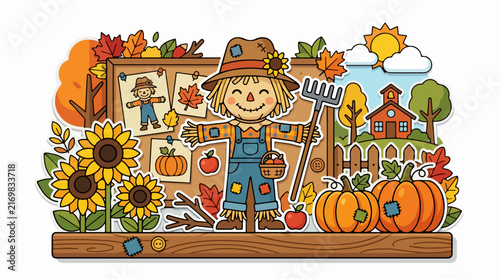 Scarecrow with Autumn Harvest Scene