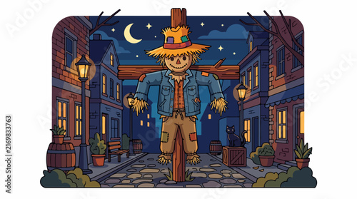 Scarecrow in a moonlit autumn street scene