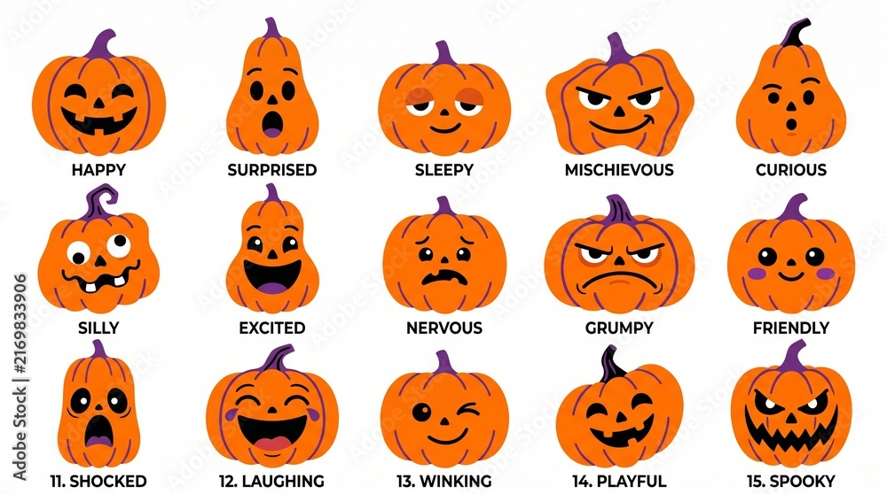 Fototapeta premium Set of cute cartoon pumpkin characters with various facial expressions for halloween isolated on white background