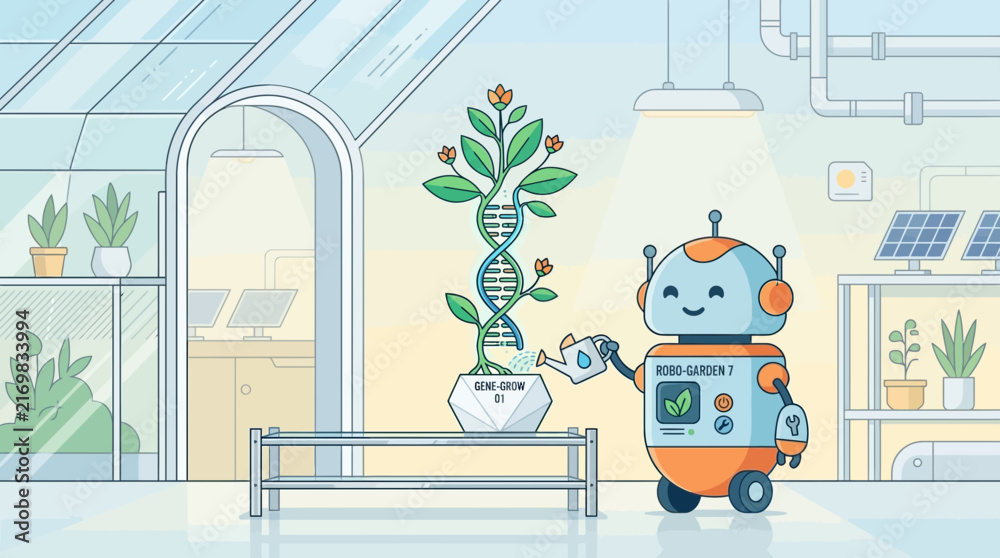 Naklejka premium This flat design illustration shows a friendly robot tending to a plant with a visible DNA structure in a futuristic greenhouse, representing the role of robotics in agriculture and biotechnology.
