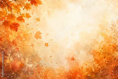 Warm autumn watercolor background with orange and golden leaves, seasonal foliage, subtle paint splashes and spacious copy area.
