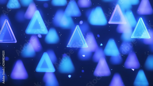 Glowing triangular shards suspended midair blue neon light abstract background futuristic digital floating vibrant energy dynamic modern