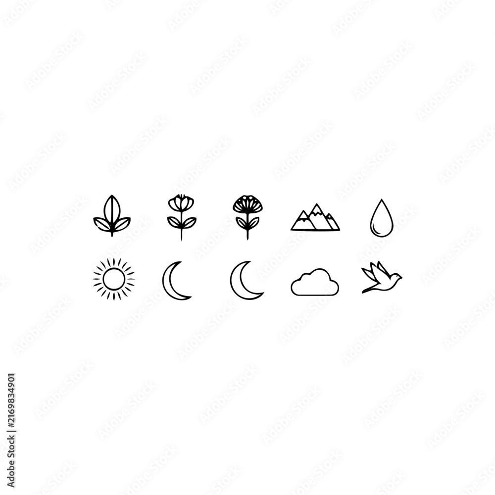 Fototapeta premium A collection icons and celestial bodies arranged neatly.