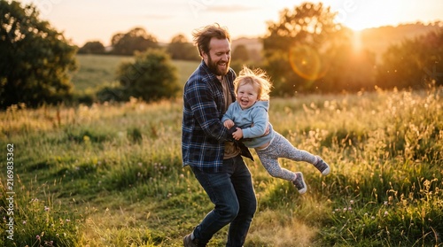 Father playing with his toddler child in a sunny meadow at sunset