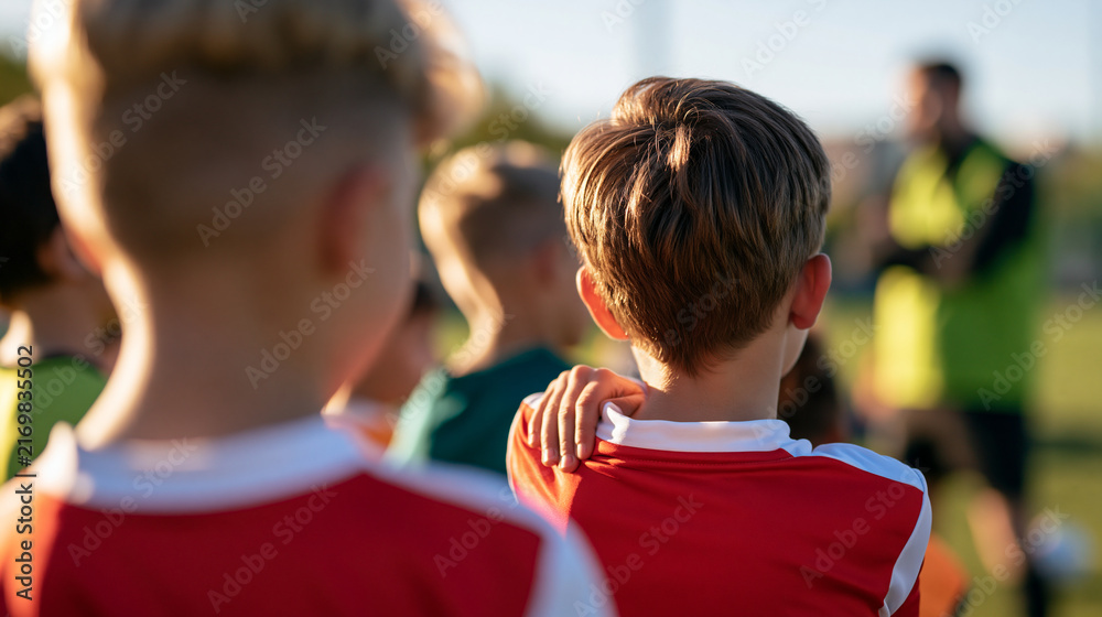 Naklejka premium rear view of a group of boys in a bright soccer training session, backs to camera, youth sports concept, teamwork, energy, coaching, childhood, bright, with copy space