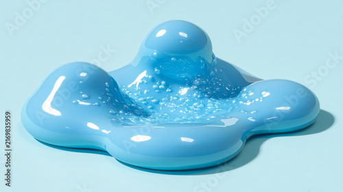 Glossy blue abstract shape with smooth surface, rounded forms, and bubble texture, floating on light blue background, modern minimal style, calm and creative mood