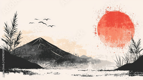 Minimalist landscape mountain red sun birds beige background abstract nature tranquil Japanese style textured art evoke calm and serenity in this illustration