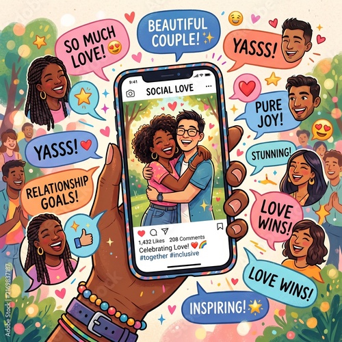 Happy couple embracing on social media love post