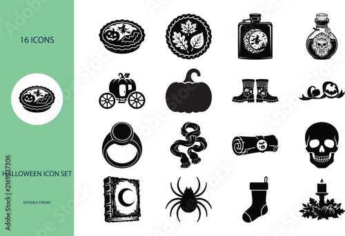 Halloween icon set featuring pumpkins potions and spooky silhouettes